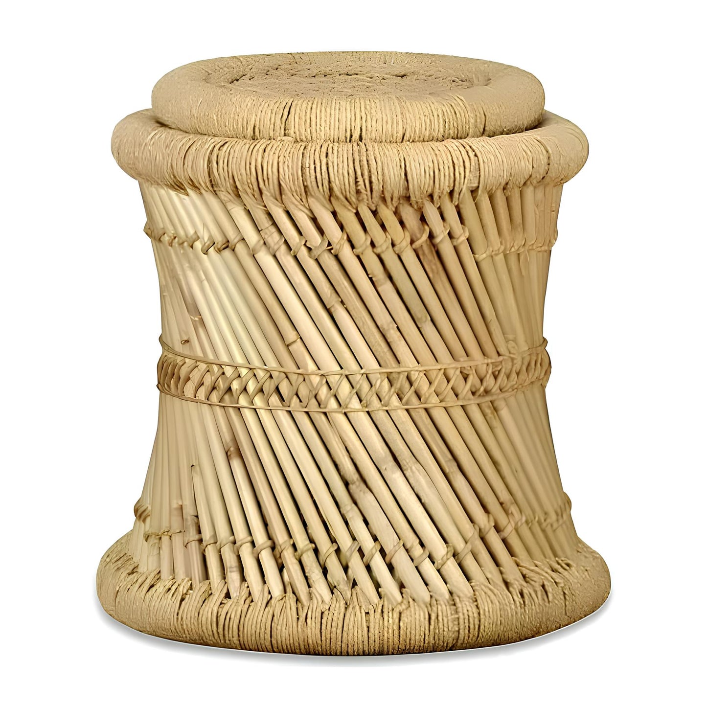Set of 2 Handmade Bamboo Stools - Side Table with Chindi Details - Homevalley.co.uk