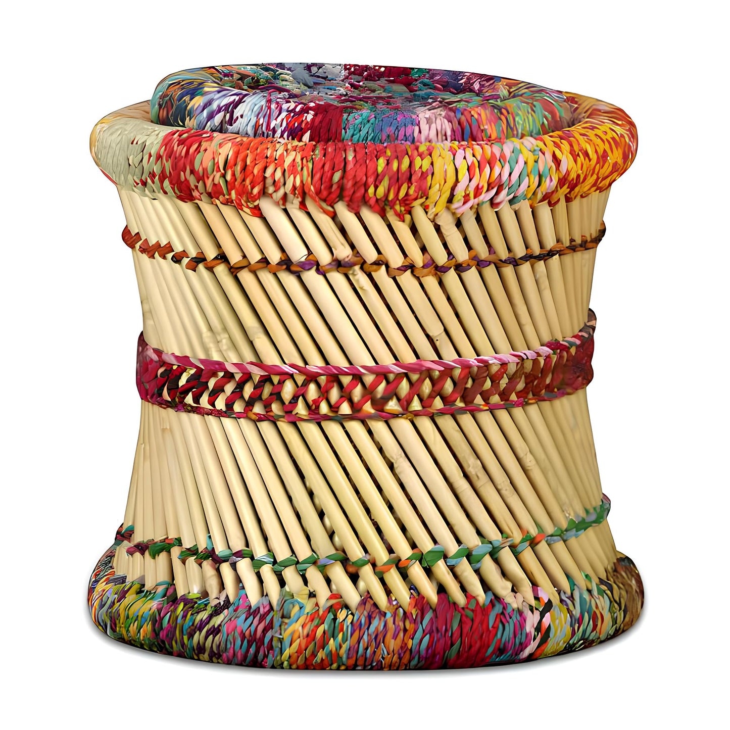 Set of 2 Handmade Bamboo Stools - Side Table with Chindi Details - Homevalley.co.uk