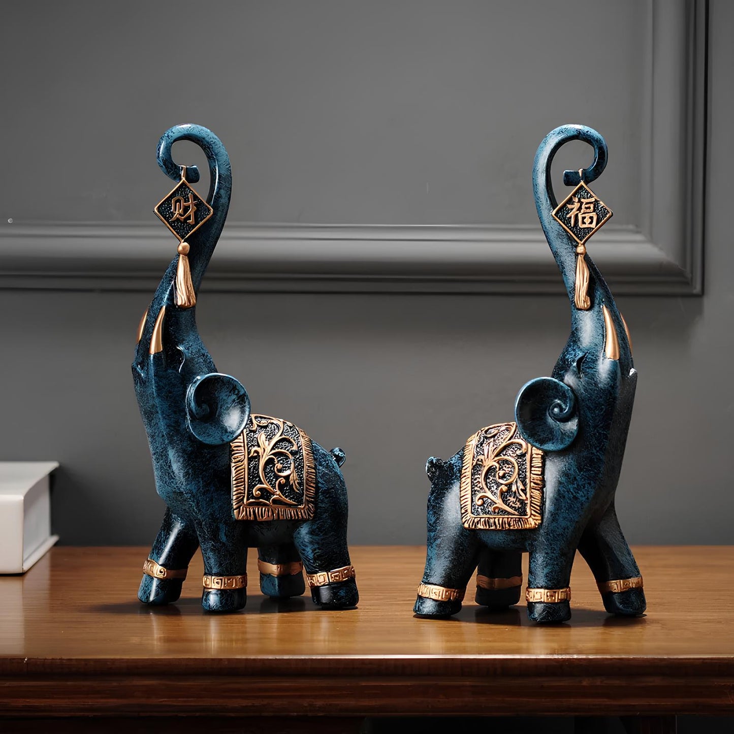 Set of 2 Lucky Elephant Resin Statues Sculpture Ornament - Homevalley.co.uk
