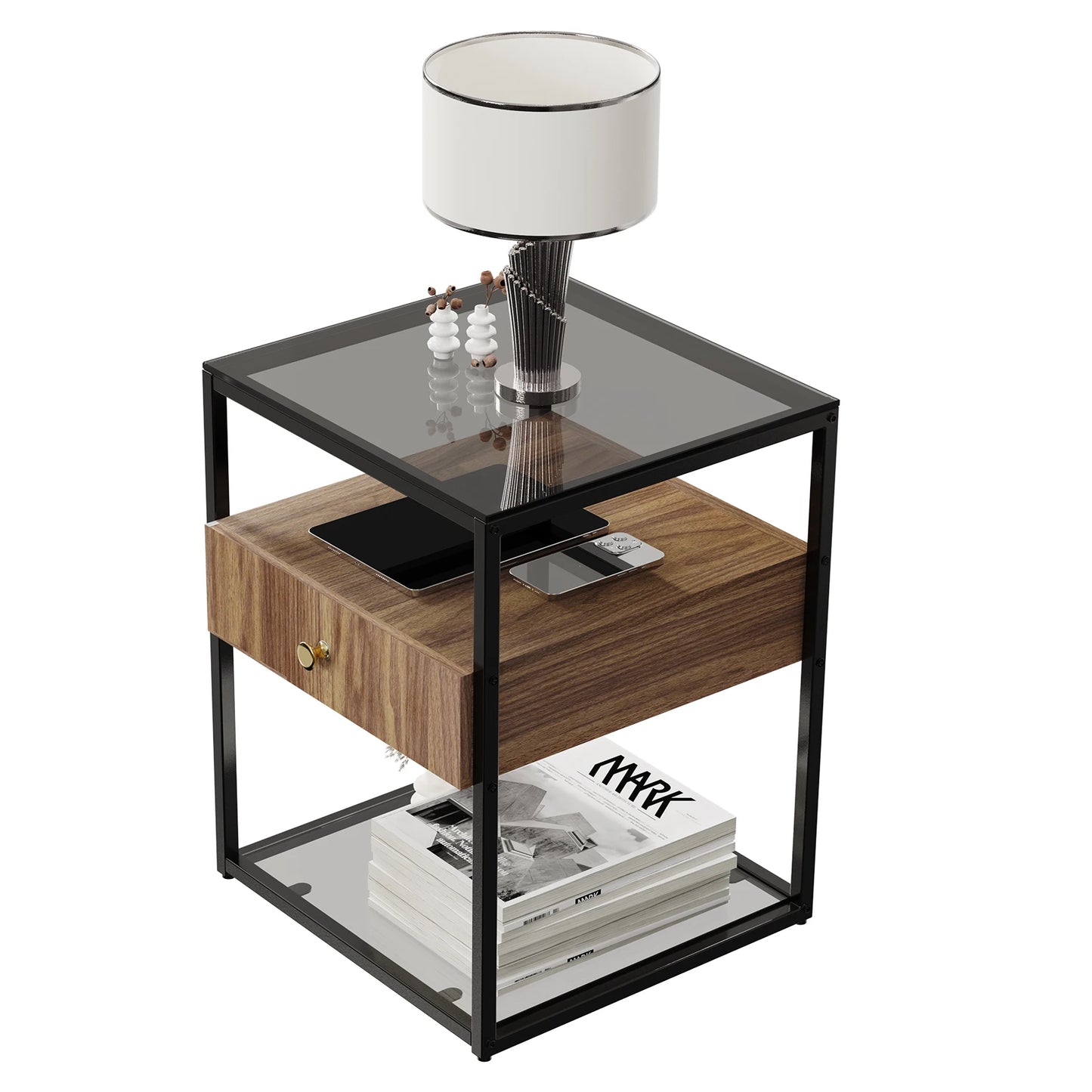 Tempered Glass Square Nightstand Table - Homevalley.co.uk