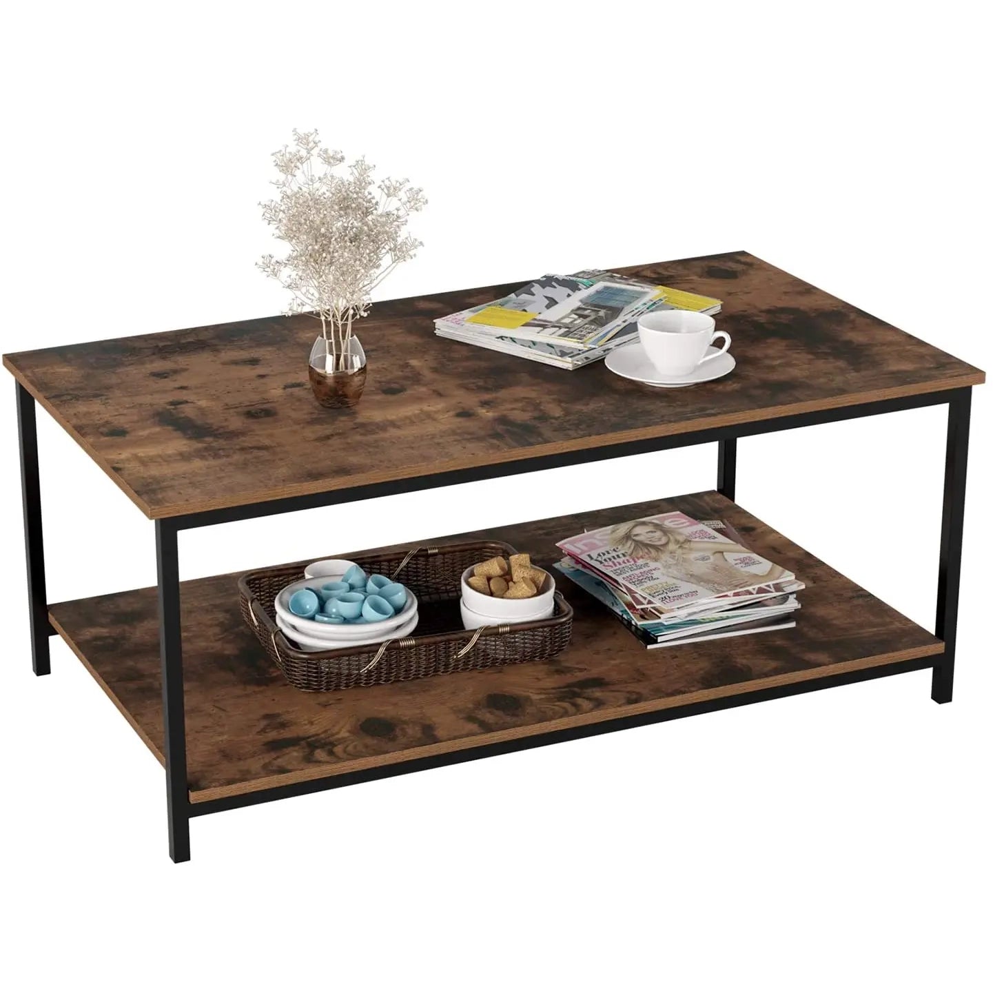 Two Tier Metal Frame Rustic Vintage Coffee Table - Homevalley.co.uk