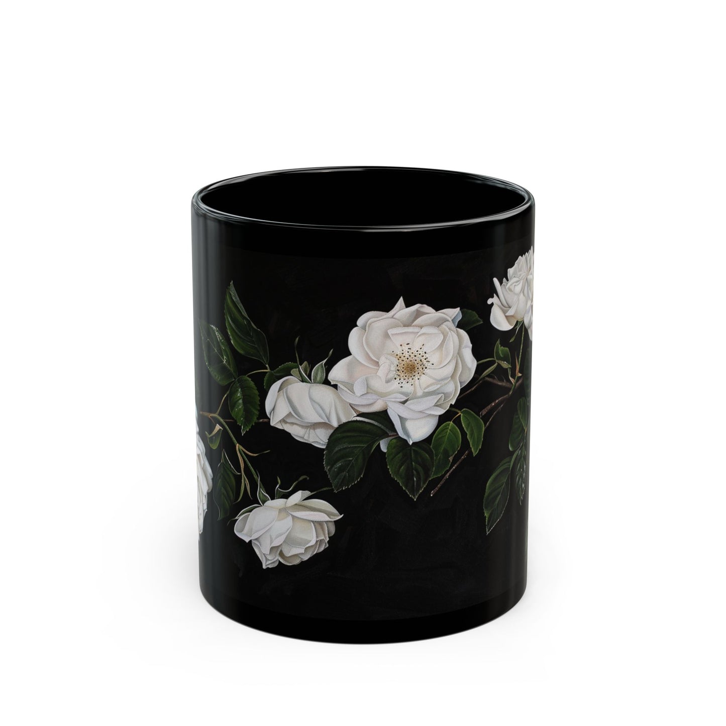 White Rose Flowers Coffee Mug, Black Coffee Cup, White Flowers Tea Cup, Gift for Her, 11oz - Homevalley.co.uk