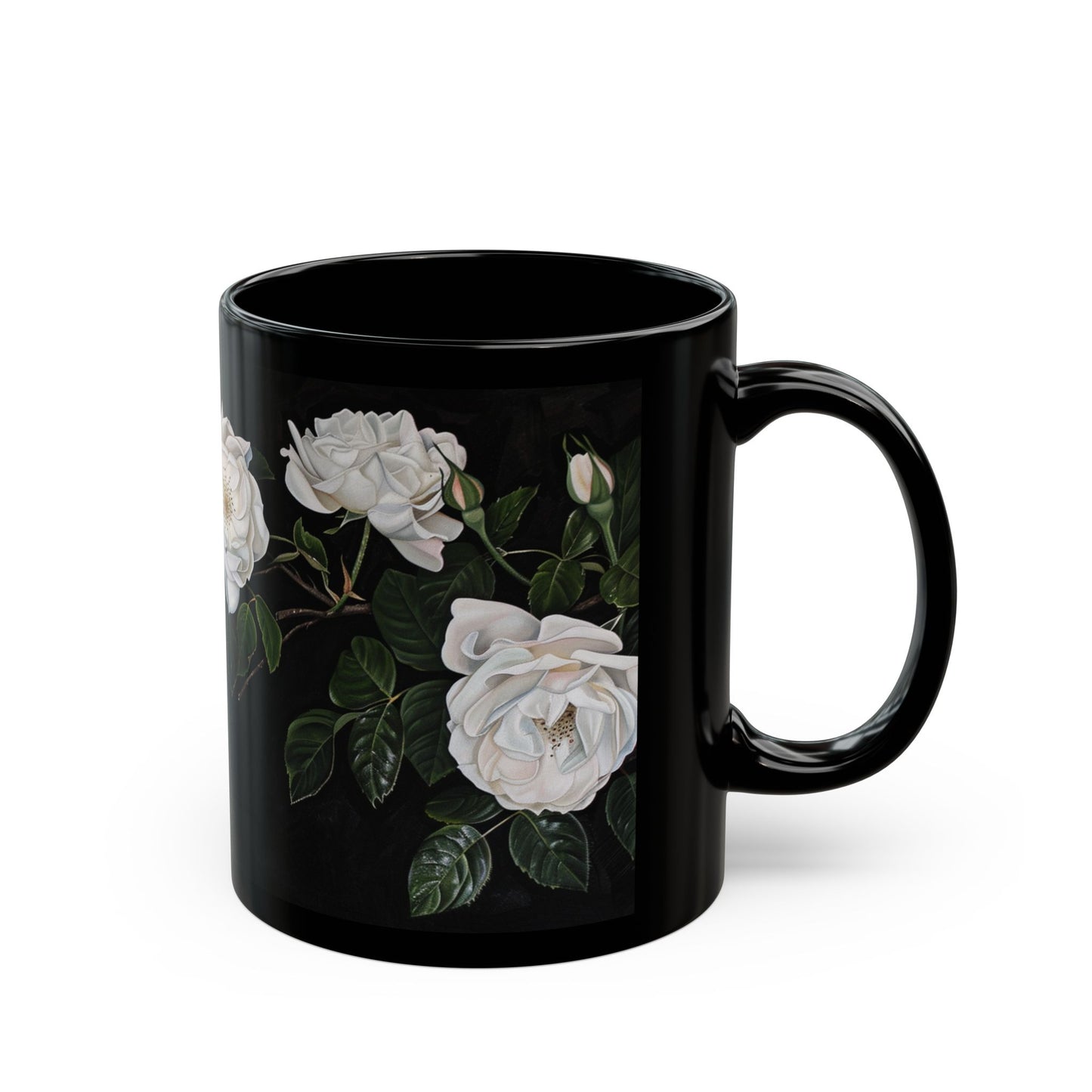 White Rose Flowers Coffee Mug, Black Coffee Cup, White Flowers Tea Cup, Gift for Her, 11oz - Homevalley.co.uk