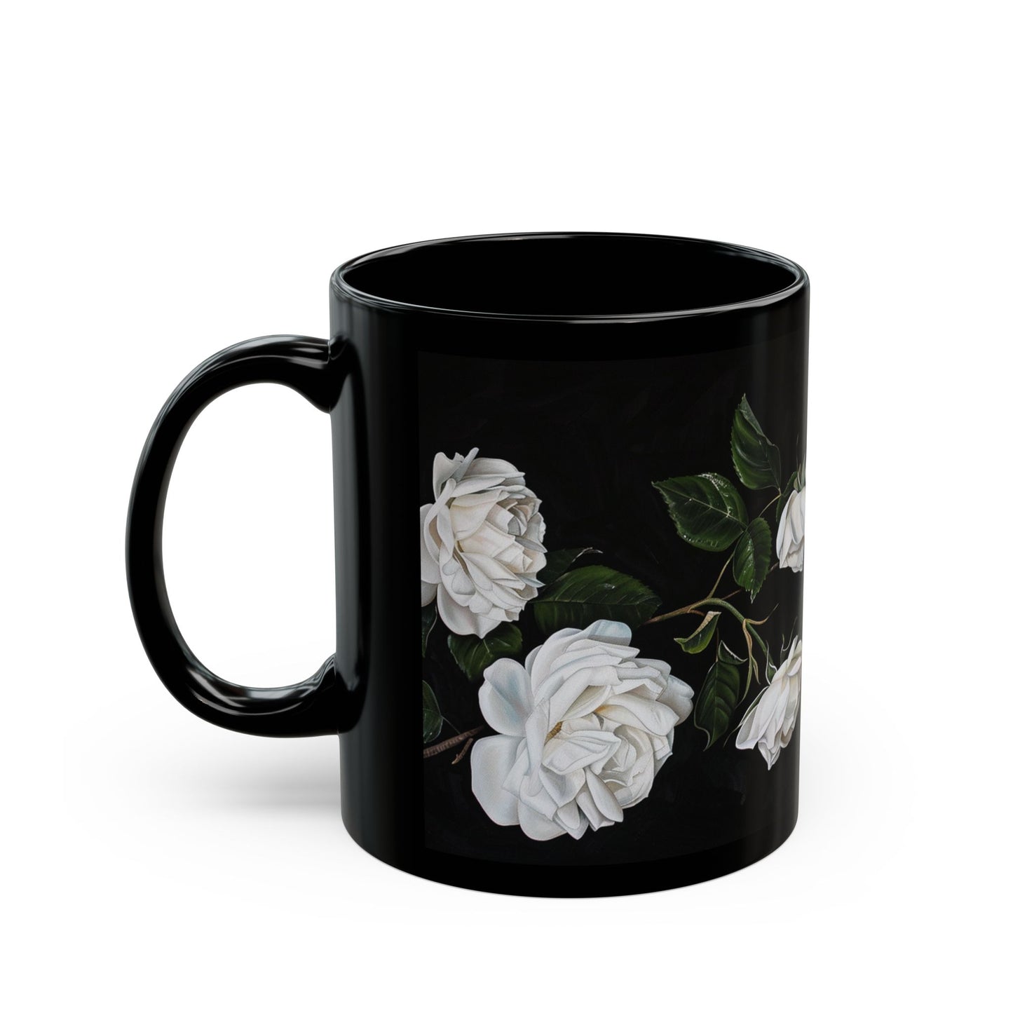 White Rose Flowers Coffee Mug, Black Coffee Cup, White Flowers Tea Cup, Gift for Her, 11oz - Homevalley.co.uk