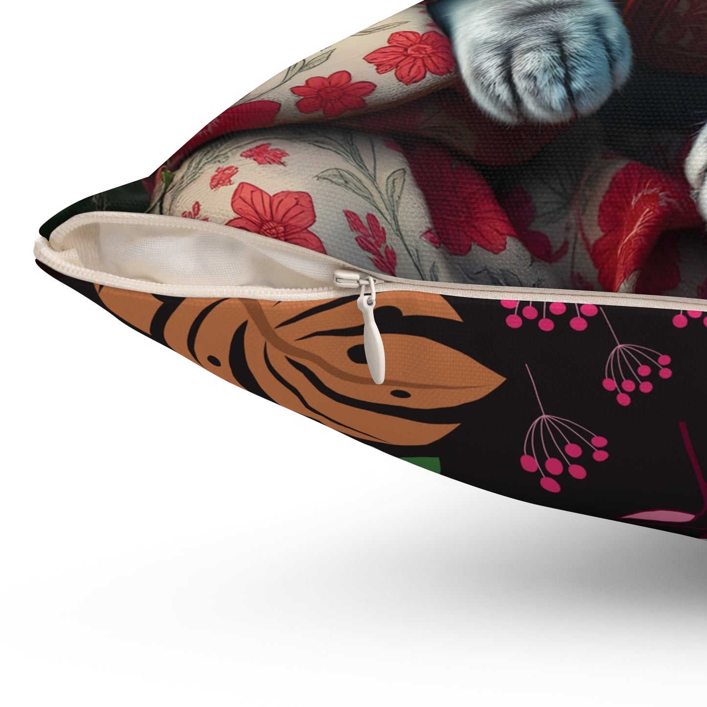 William Morris Style Cat in Kimono and Flowers Square Pillow, Botanicals and Flowers, insert included - Homevalley.co.uk