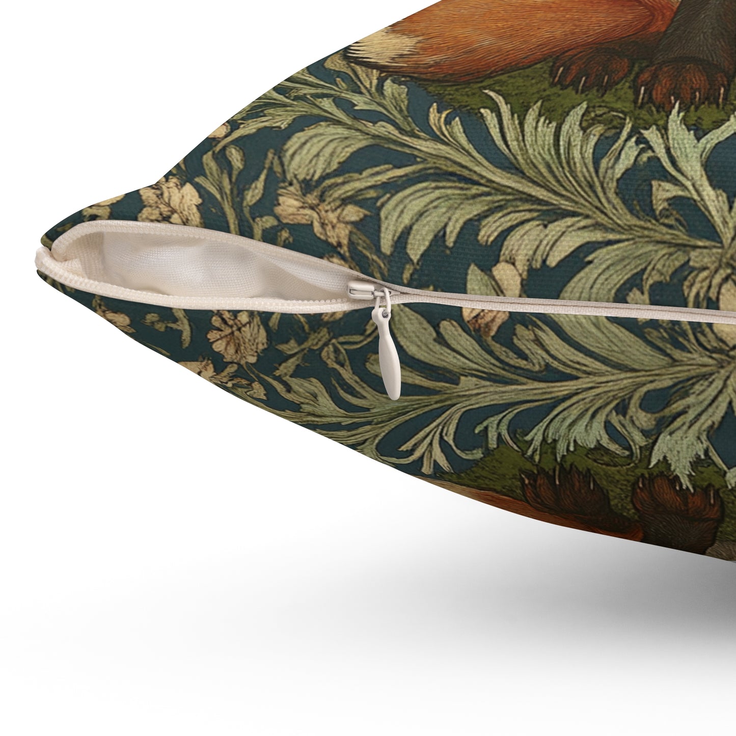 William Morris Style Fox and Botanicals Square Pillow, Fox and Flowers, insert included - Homevalley.co.uk