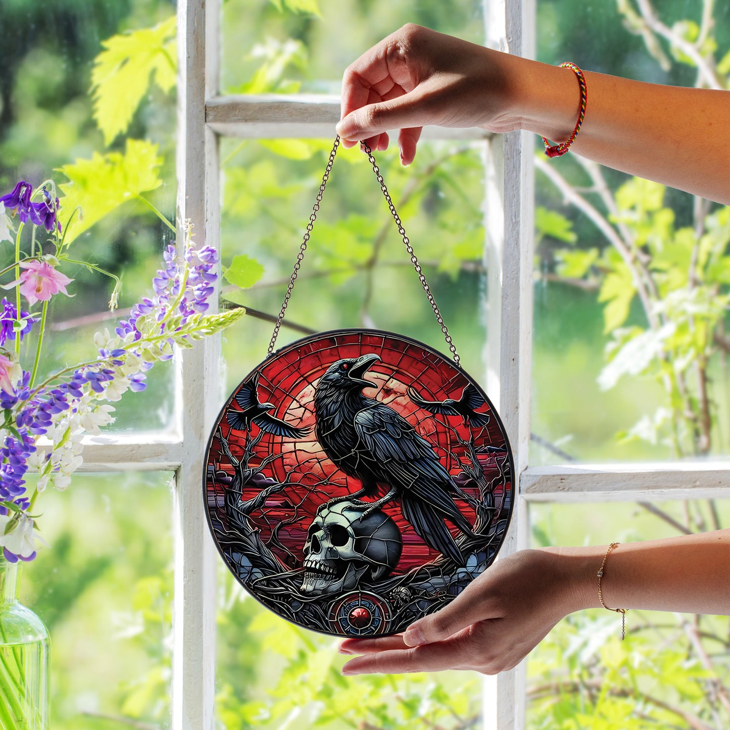 Gothic Raven Skull Stained Glass Suncatcher – Dark Crow Window Hanging, Witchy Halloween Home Decor Gift