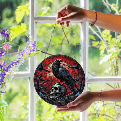 Gothic Raven Skull Stained Glass Suncatcher – Dark Crow Window Hanging, Witchy Halloween Home Decor Gift