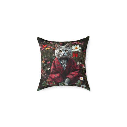 William Morris Style Cat in Kimono and Flowers Square Pillow, Botanicals and Flowers, insert included - Homevalley.co.uk
