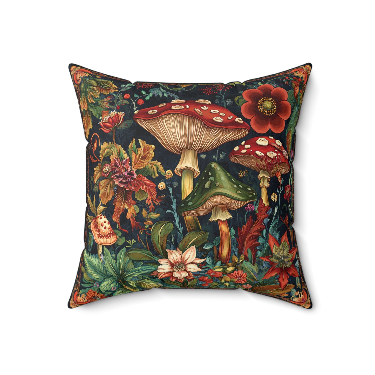 William Morris Style Mushroom and Botanicals Square Pillow, Red Mushroom and Flowers, insert included - Homevalley.co.uk