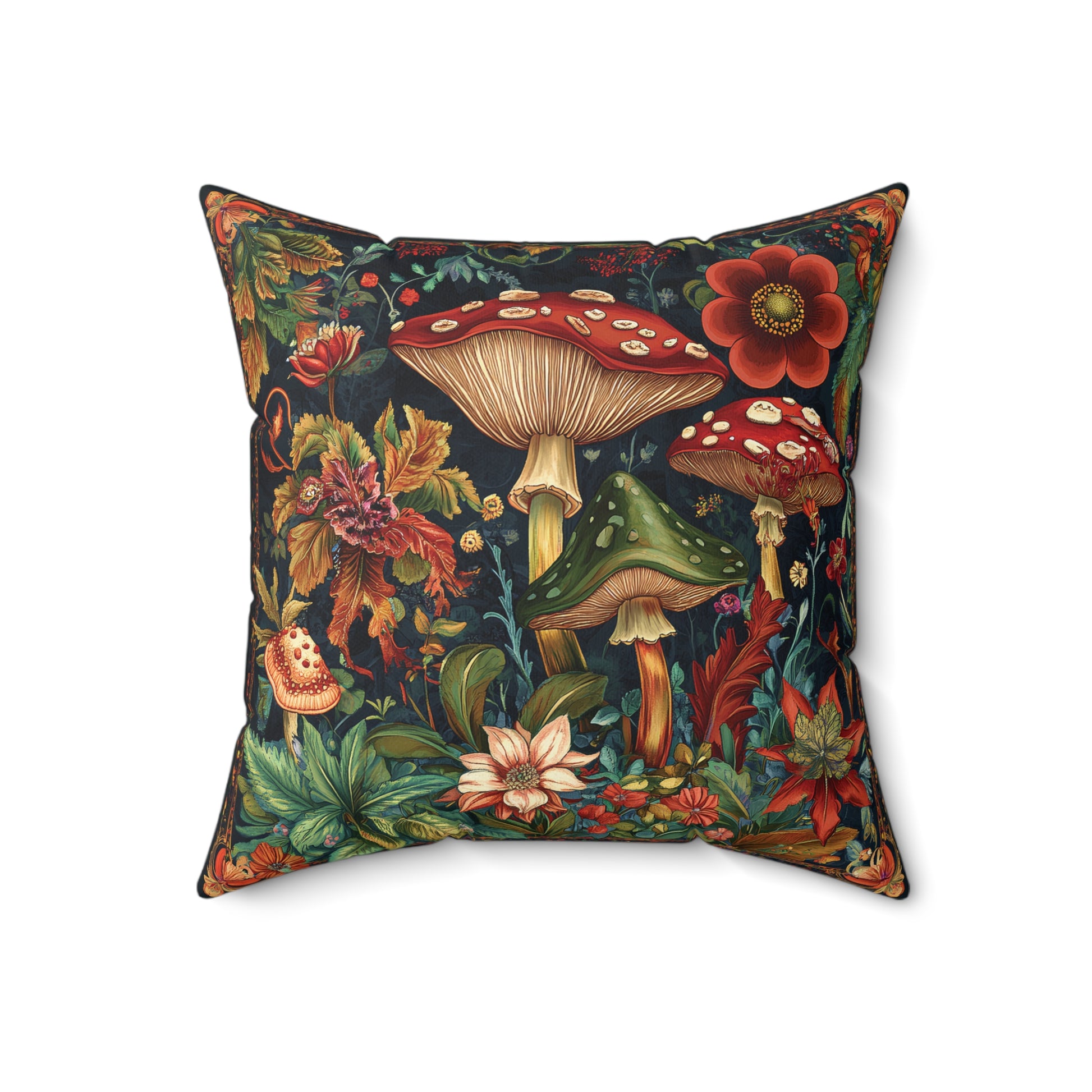 William Morris Style Mushroom and Botanicals Square Pillow, Red Mushroom and Flowers, insert included - Homevalley.co.uk