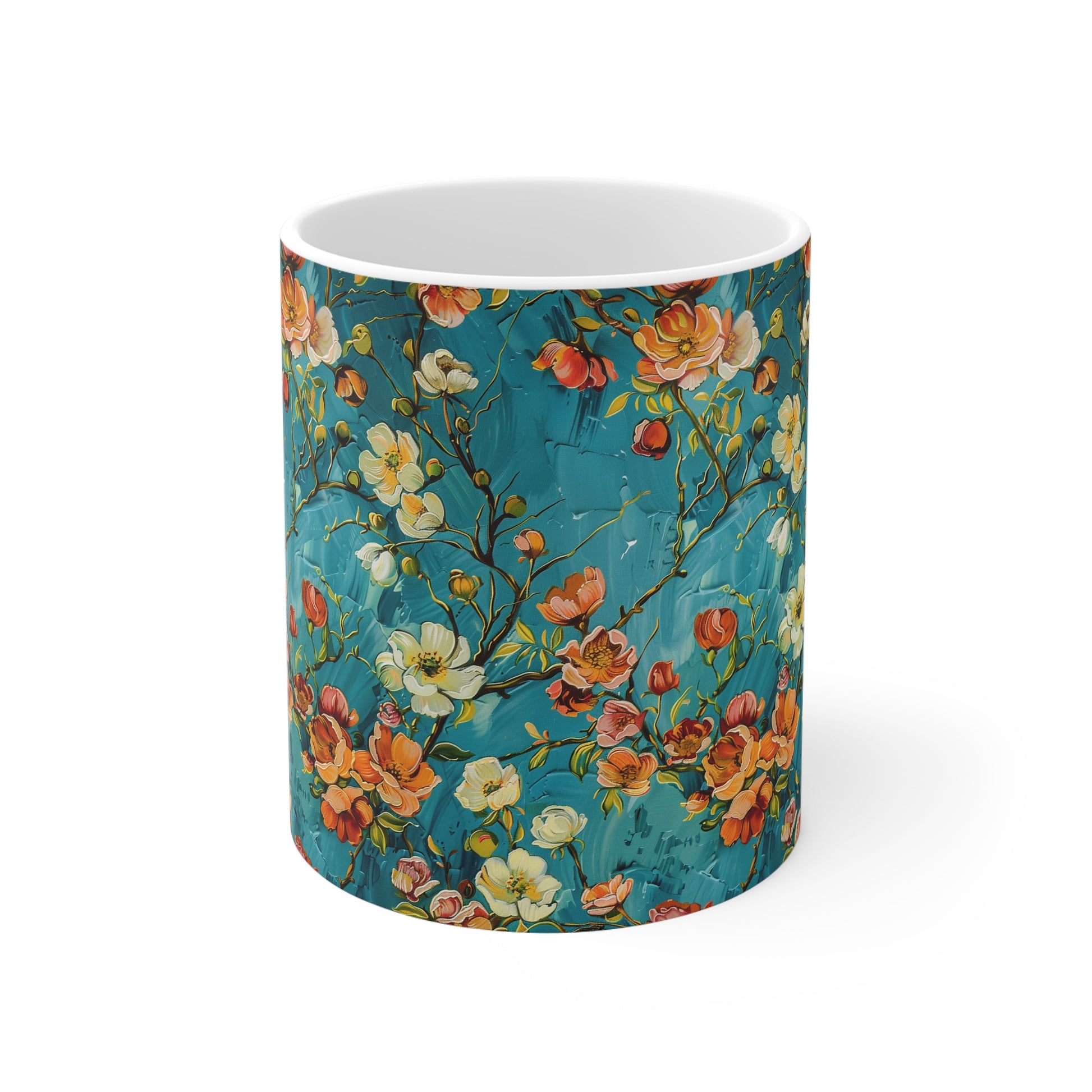 Turquoise Floral Design White Ceramic Coffee Mug, Floral Coffee Cup, Gift for Her, Mother's day, Gift Idea, Birthday Gift, 11oz - Homevalley.co.uk
