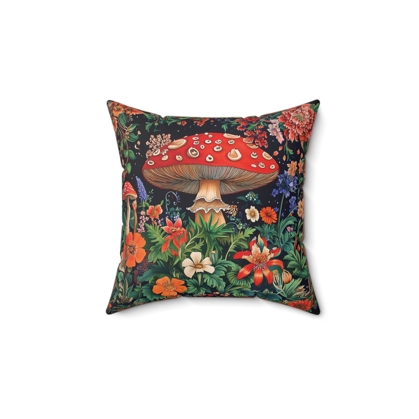 William Morris Style Mushroom and Botanicals Square Pillow, Red Mushroom and Flowers, insert included - Homevalley.co.uk