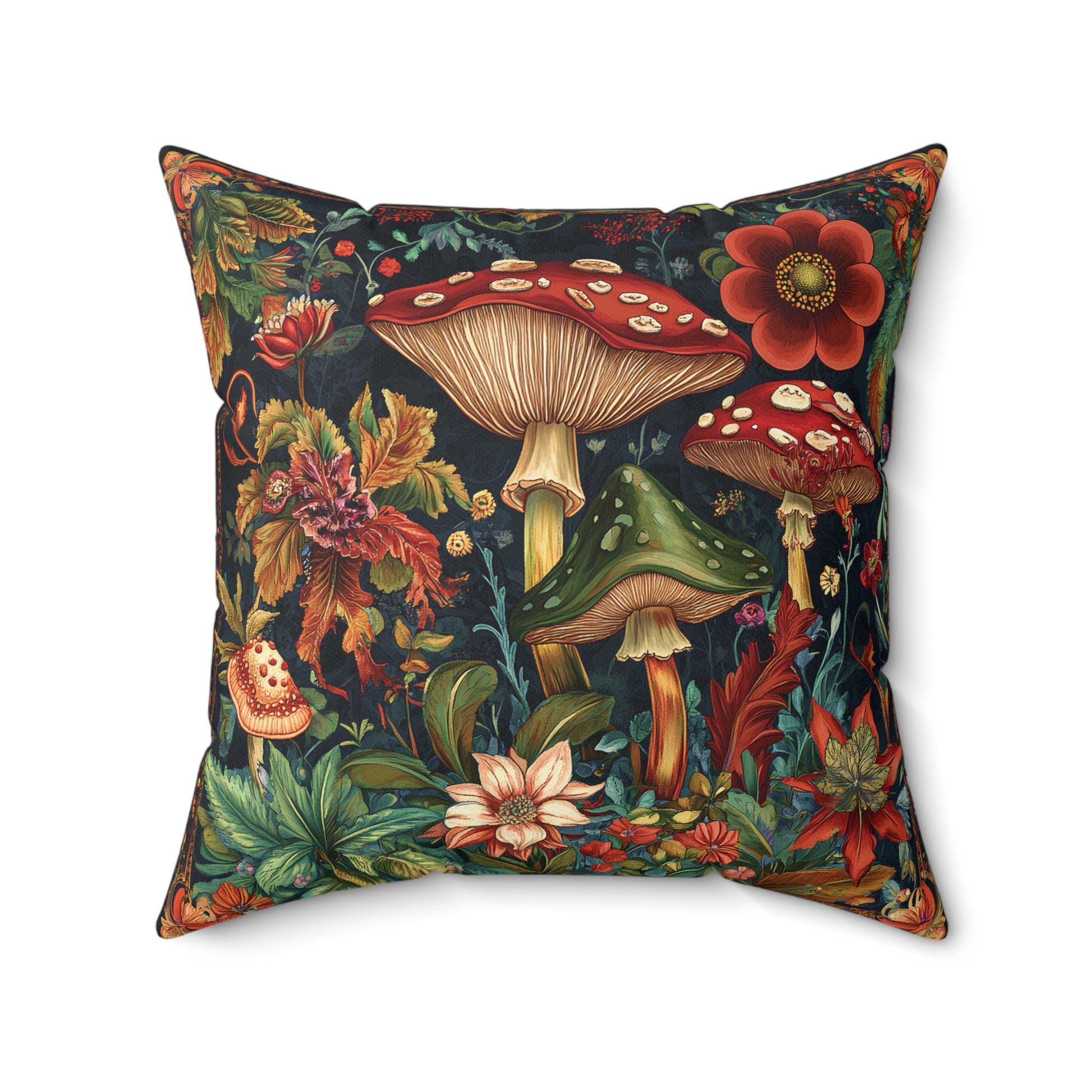 William Morris Style Mushroom and Botanicals Square Pillow, Red Mushroom and Flowers, insert included - Homevalley.co.uk