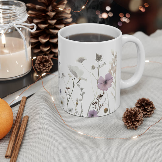 Pressed Flowers Design Ceramic Coffee Mug, Floral Coffee Cup, Botanical Tea Cup, 11oz - Homevalley.co.uk