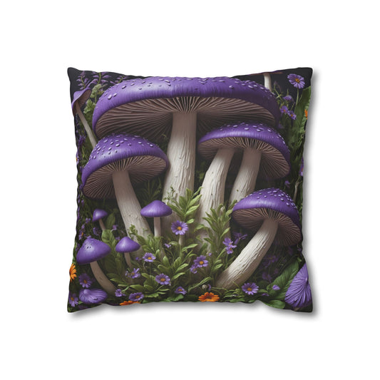 Purple Mushroom Square Pillowcase, Mushroom Decor, Cottagecore Pillowcase, Flowers and Mushroom, Mystical Mushroom Haven - Homevalley.co.uk