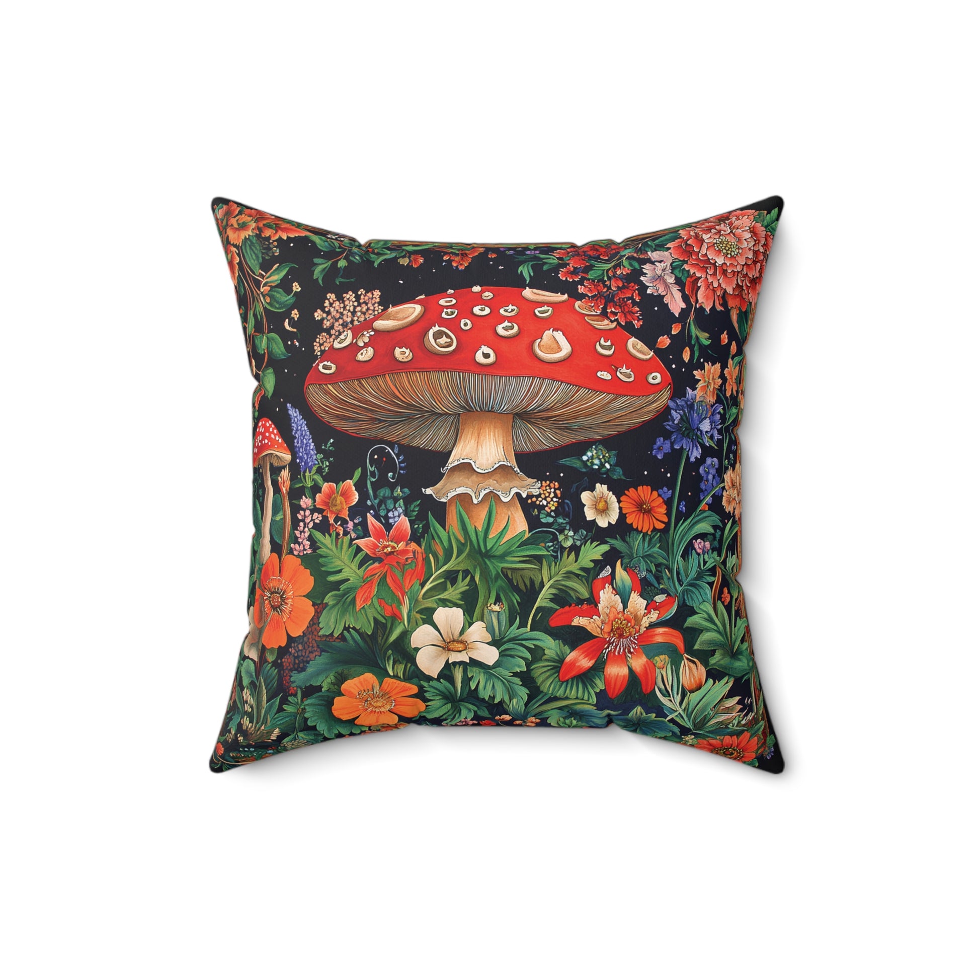 William Morris Style Mushroom and Botanicals Square Pillow, Red Mushroom and Flowers, insert included - Homevalley.co.uk