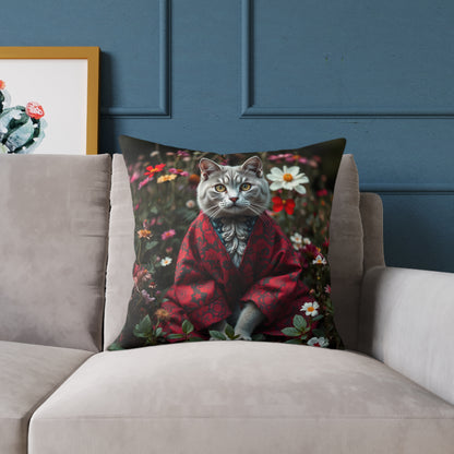 William Morris Style Cat in Kimono and Flowers Square Pillow, Botanicals and Flowers, insert included - Homevalley.co.uk