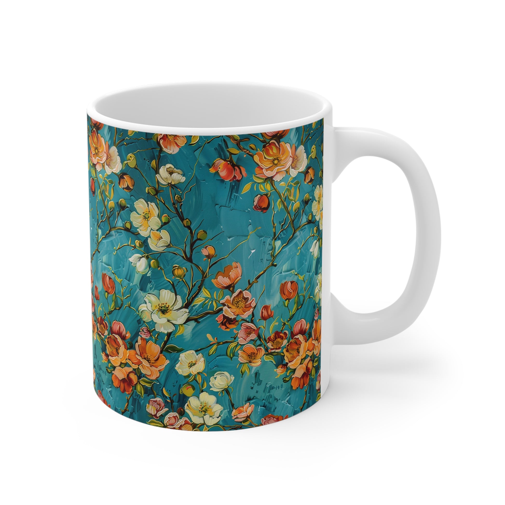 Turquoise Floral Design White Ceramic Coffee Mug, Floral Coffee Cup, Gift for Her, Mother's day, Gift Idea, Birthday Gift, 11oz - Homevalley.co.uk