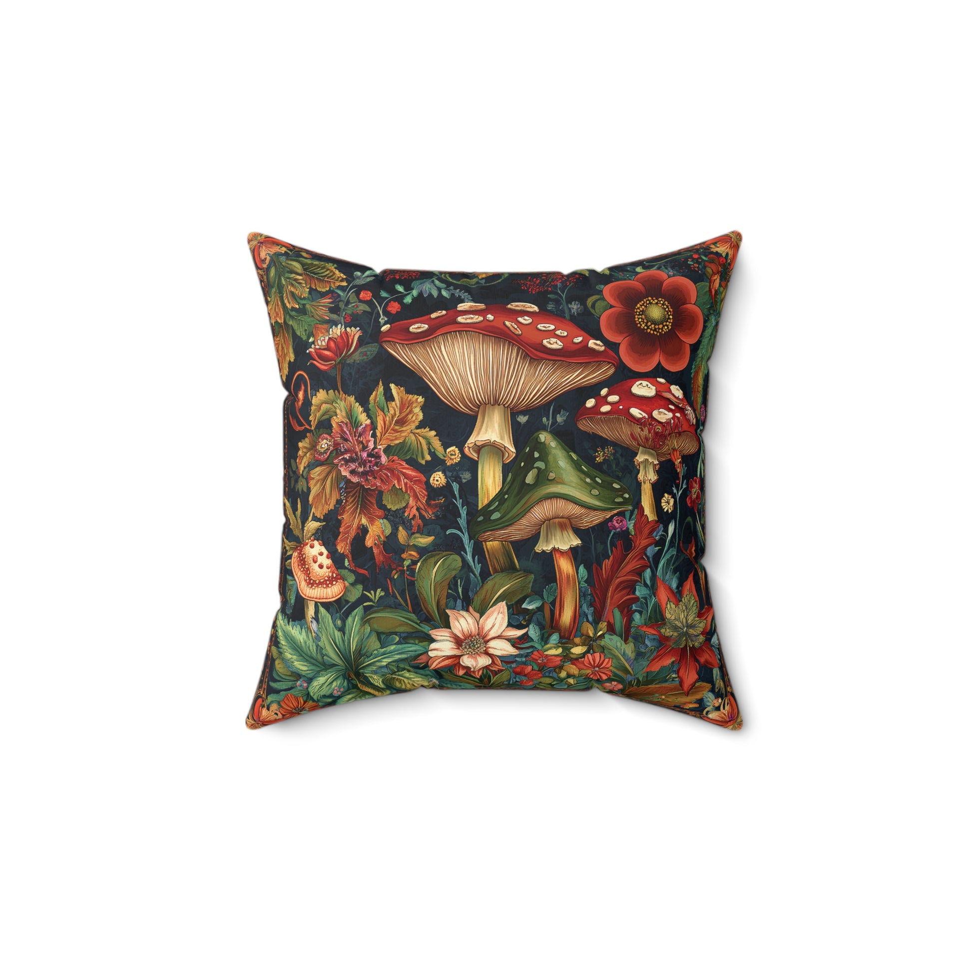 William Morris Style Mushroom and Botanicals Square Pillow, Red Mushroom and Flowers, insert included - Homevalley.co.uk