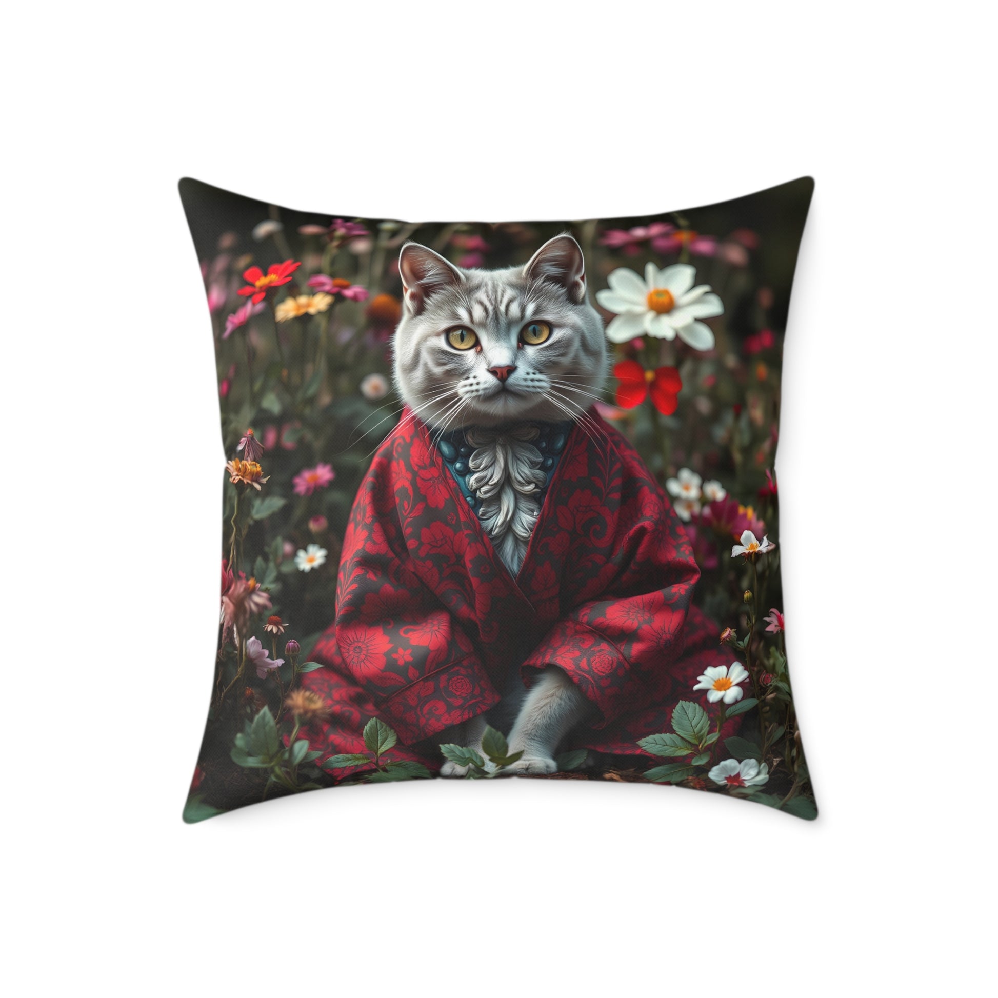William Morris Style Cat in Kimono and Flowers Square Pillow, Botanicals and Flowers, insert included - Homevalley.co.uk