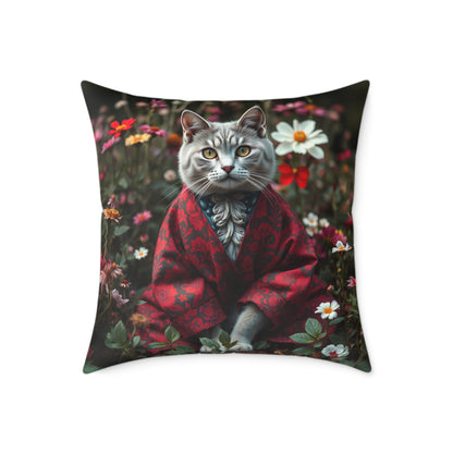 William Morris Style Cat in Kimono and Flowers Square Pillow, Botanicals and Flowers, insert included - Homevalley.co.uk