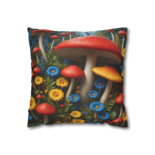 Enchanting Mushroom Square Cushion Cover, Cottagecore Pillowcase, Flowers and Mushroom, Mystical Mushroom Haven, Vintage Mushroom Pillowcase - Homevalley.co.uk