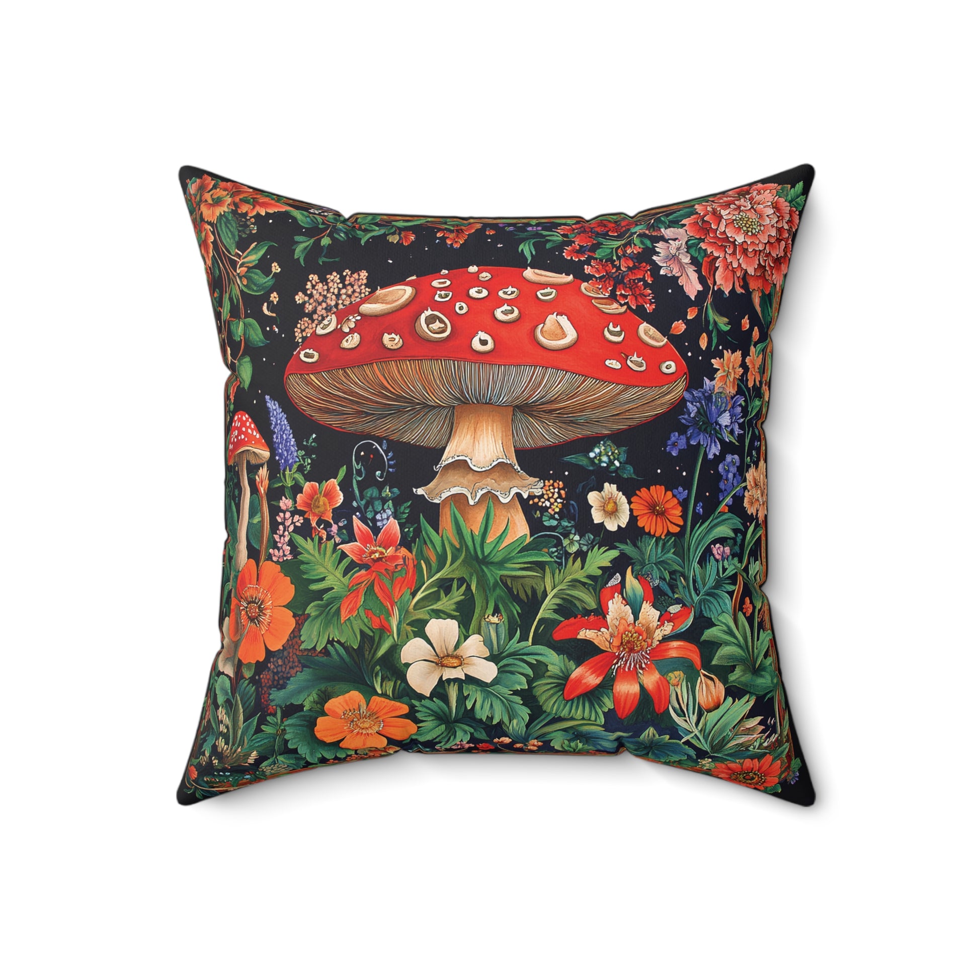 William Morris Style Mushroom and Botanicals Square Pillow, Red Mushroom and Flowers, insert included - Homevalley.co.uk
