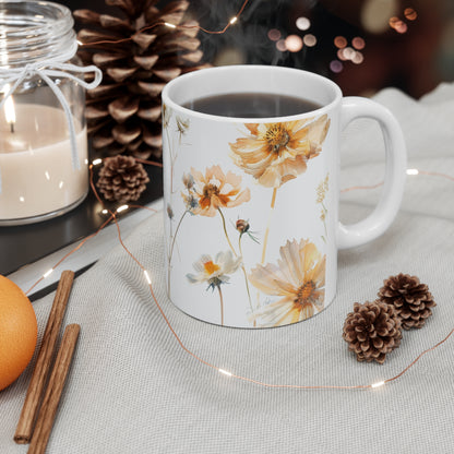 Pressed Flowers Design Ceramic Coffee Mug, Floral Coffee Cup, Botanical Tea Cup, 11oz - Homevalley.co.uk