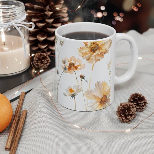 Pressed Flowers Design Ceramic Coffee Mug, Floral Coffee Cup, Botanical Tea Cup, 11oz - Homevalley.co.uk