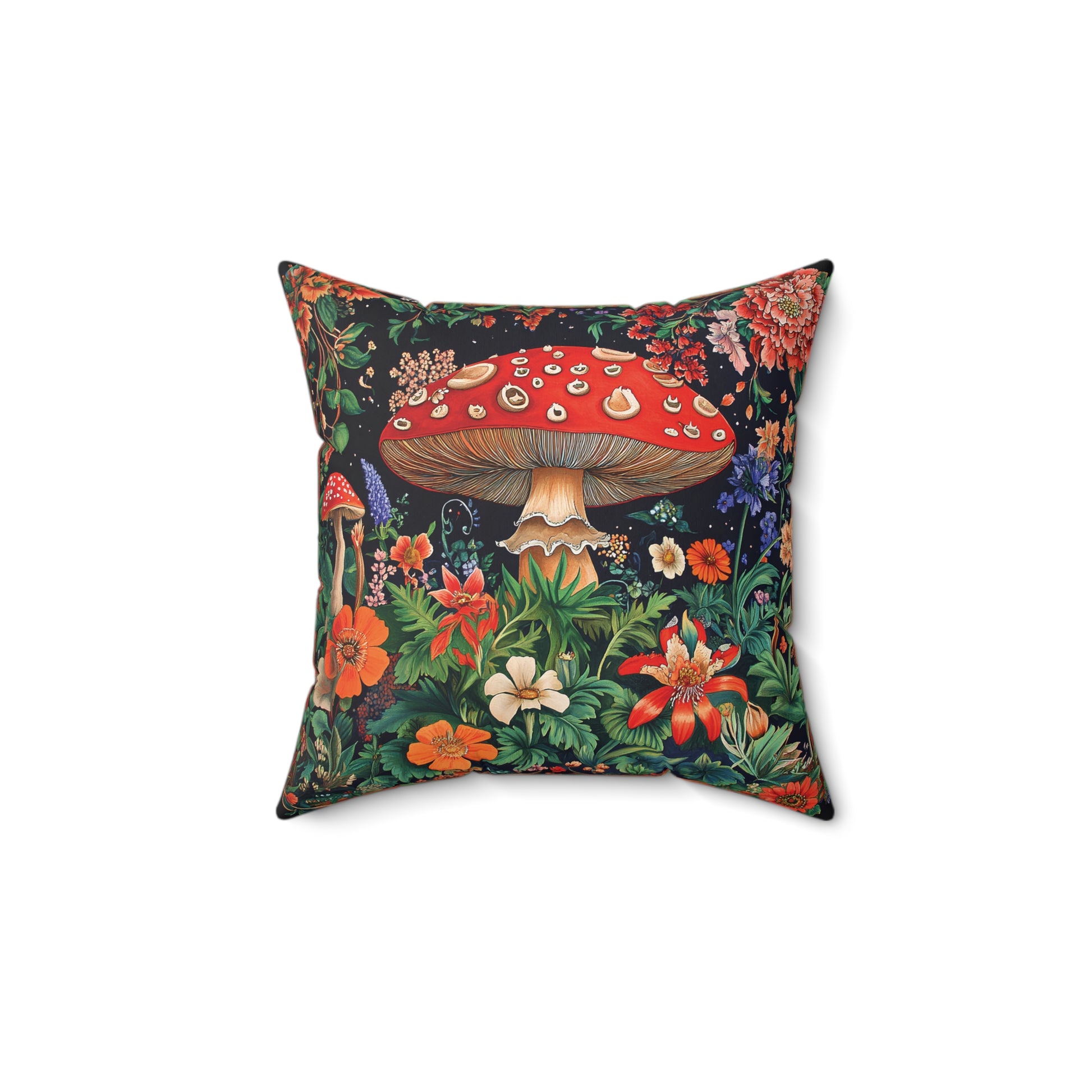 William Morris Style Mushroom and Botanicals Square Pillow, Red Mushroom and Flowers, insert included - Homevalley.co.uk