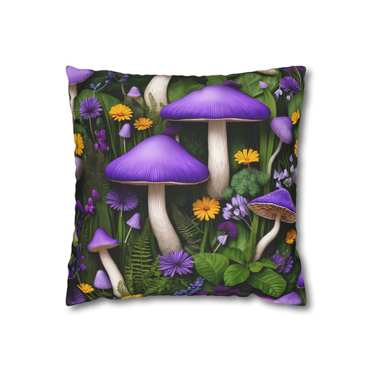 Purple Mushroom Square Pillowcase, Mushroom Decor, Cottagecore Pillowcase, Flowers and Mushroom, Mystical Mushroom Haven - Homevalley.co.uk