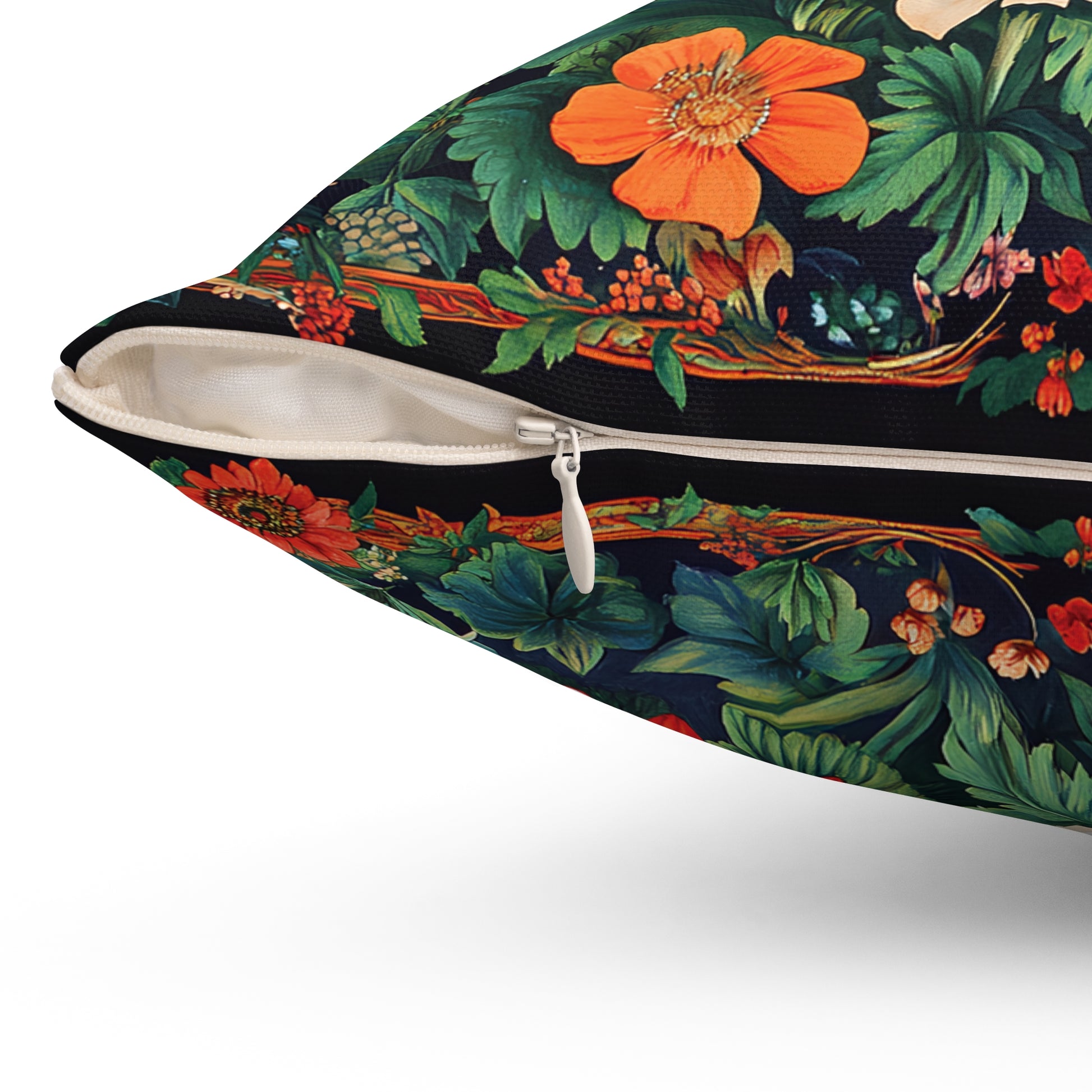 William Morris Style Mushroom and Botanicals Square Pillow, Red Mushroom and Flowers, insert included - Homevalley.co.uk