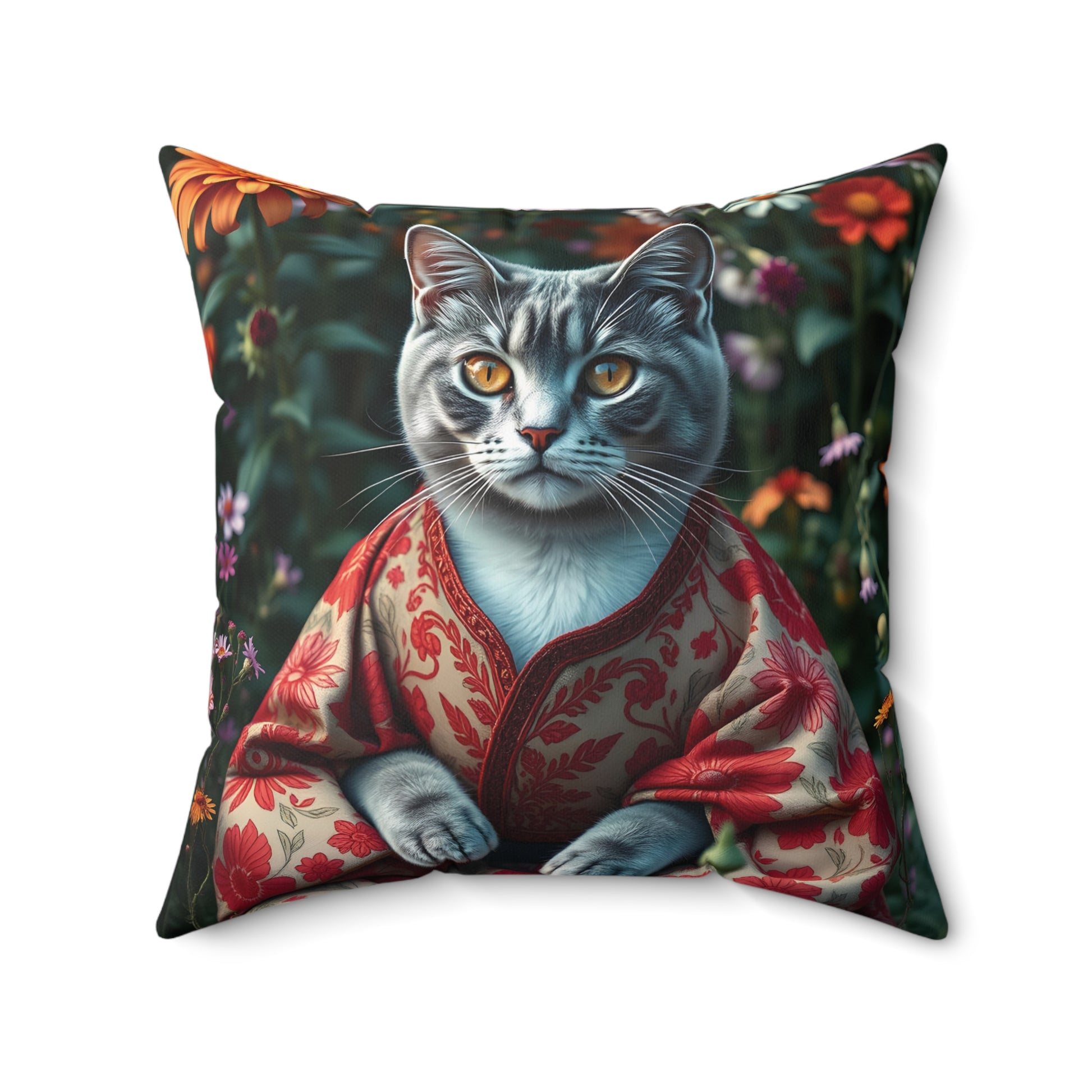 William Morris Style Cat in Kimono and Flowers Square Pillow, Botanicals and Flowers, insert included - Homevalley.co.uk