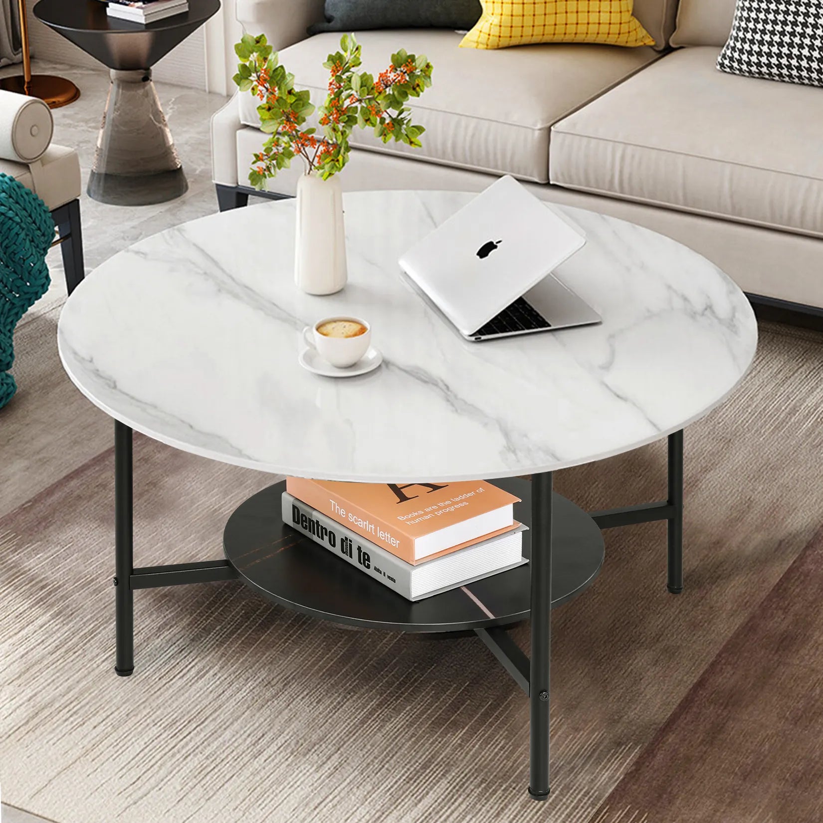 2 Tier Round Coffee Table with Metal Frame - Homevalley.co.uk