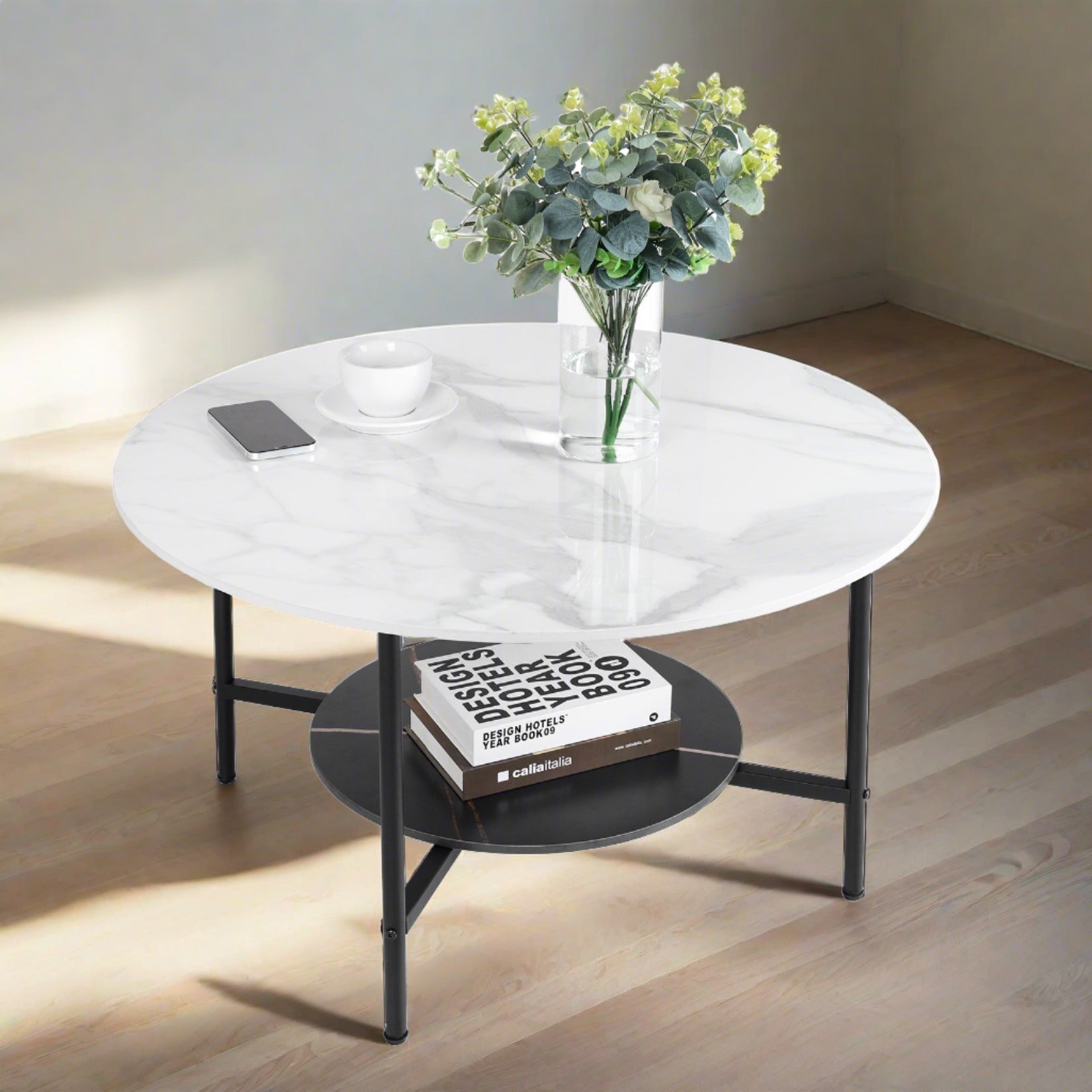 2 Tier Round Coffee Table with Metal Frame - Homevalley.co.uk