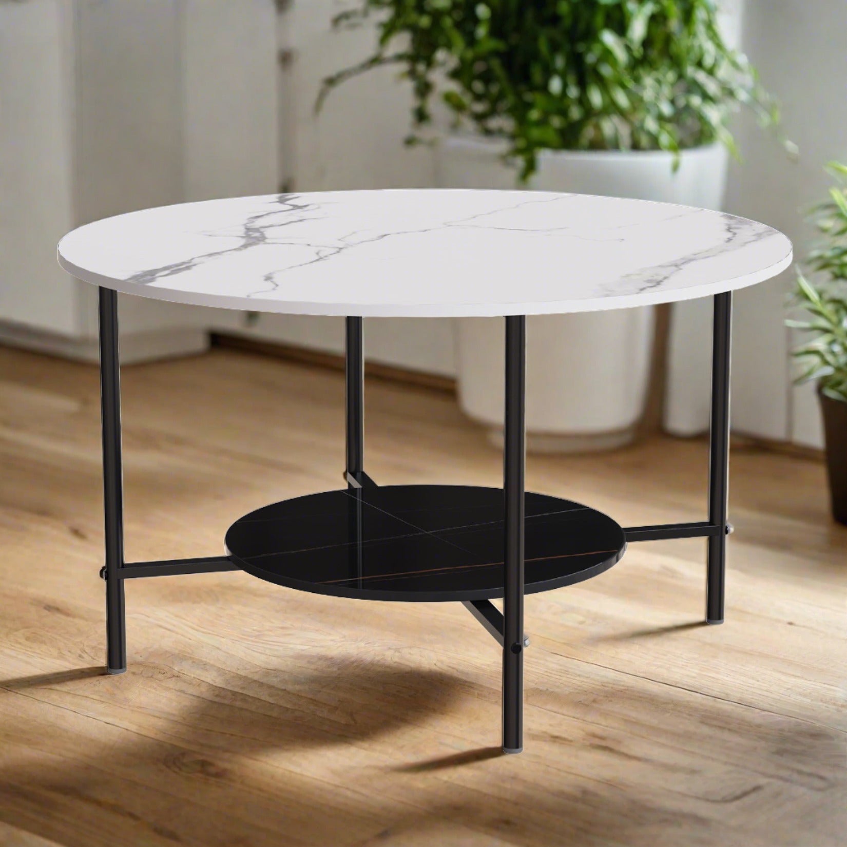2 Tier Round Coffee Table with Metal Frame - Homevalley.co.uk