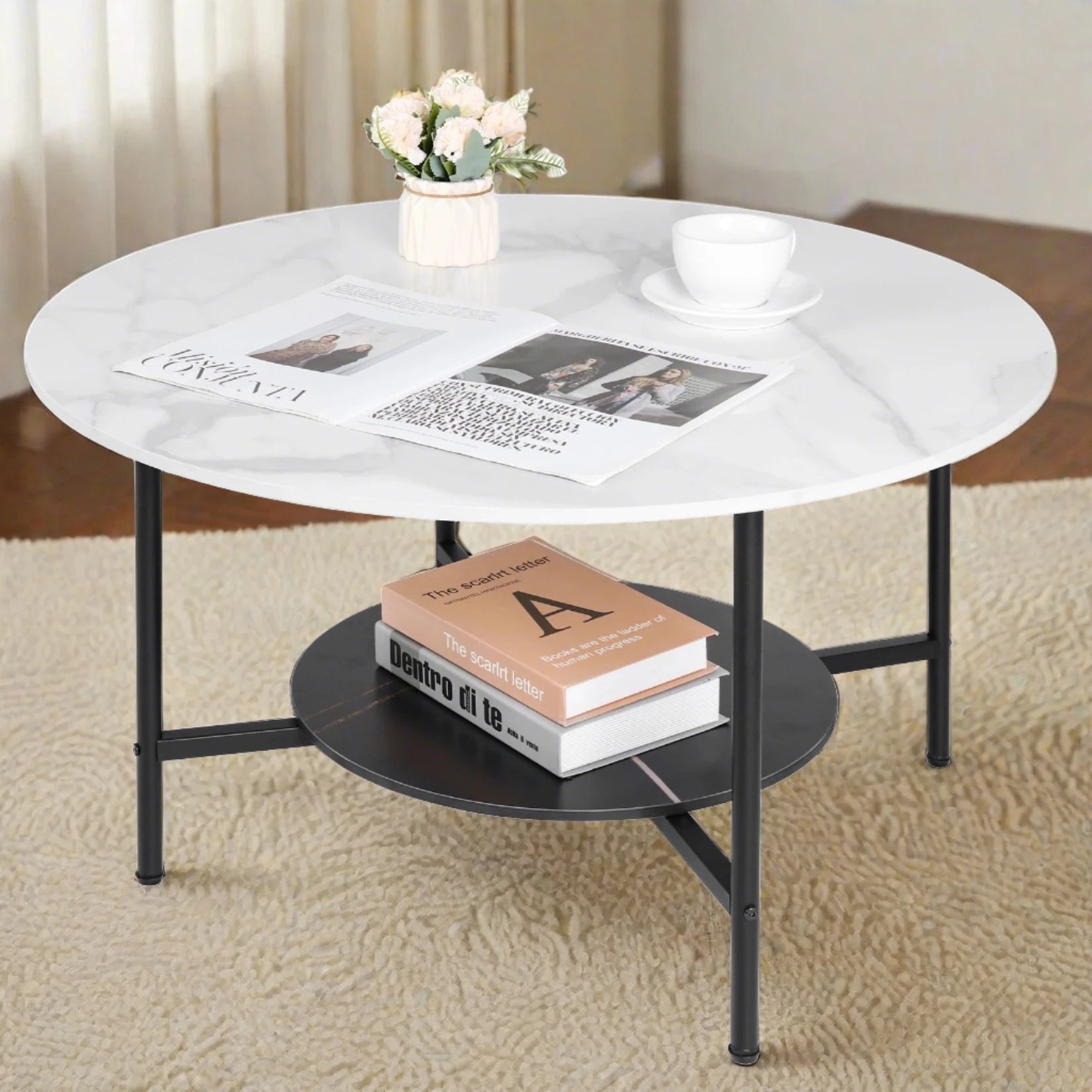 2 Tier Round Coffee Table with Metal Frame - Homevalley.co.uk
