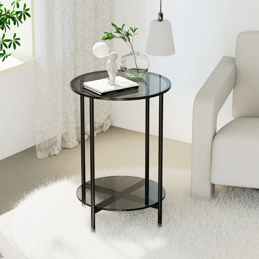 2-Tier Round Glass Coffee Side Table with Metal Steel Frame - Homevalley.co.uk