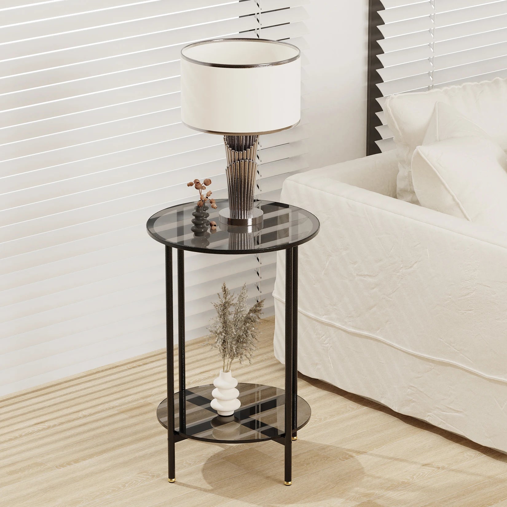 2-Tier Round Glass Coffee Side Table with Metal Steel Frame - Homevalley.co.uk