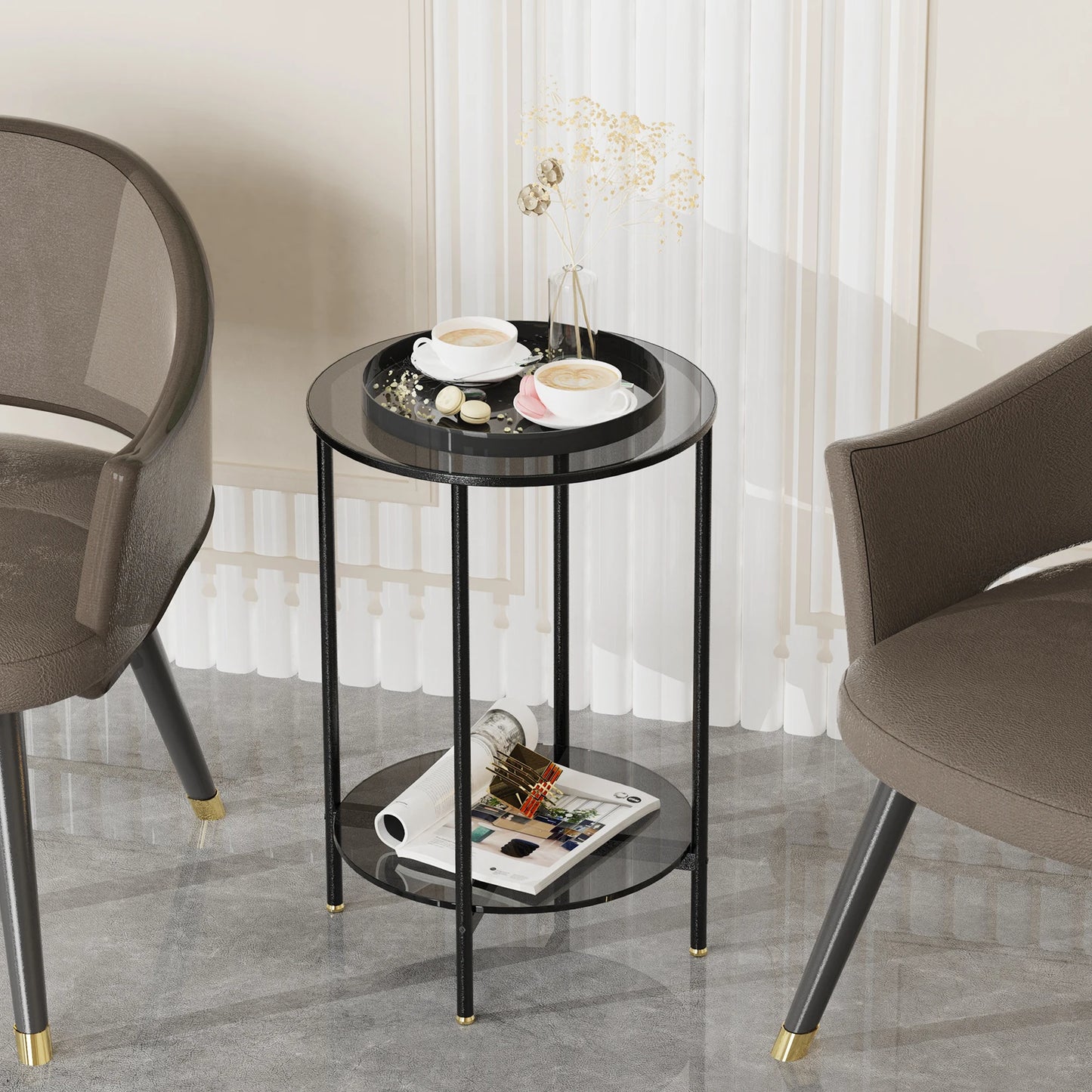 2-Tier Round Glass Coffee Side Table with Metal Steel Frame - Homevalley.co.uk