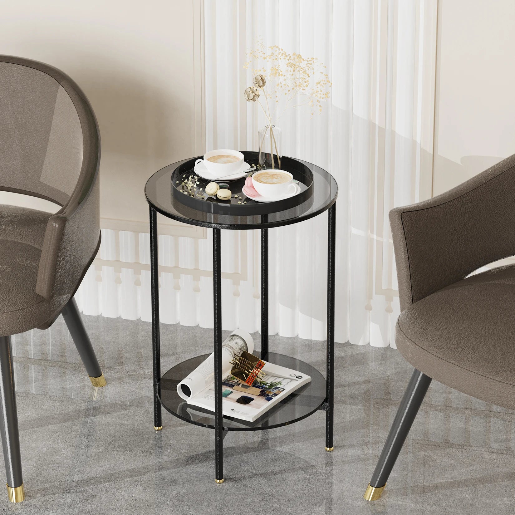 2-Tier Round Glass Coffee Side Table with Metal Steel Frame - Homevalley.co.uk
