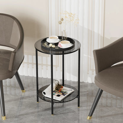 2-Tier Round Glass Coffee Side Table with Metal Steel Frame - Homevalley.co.uk