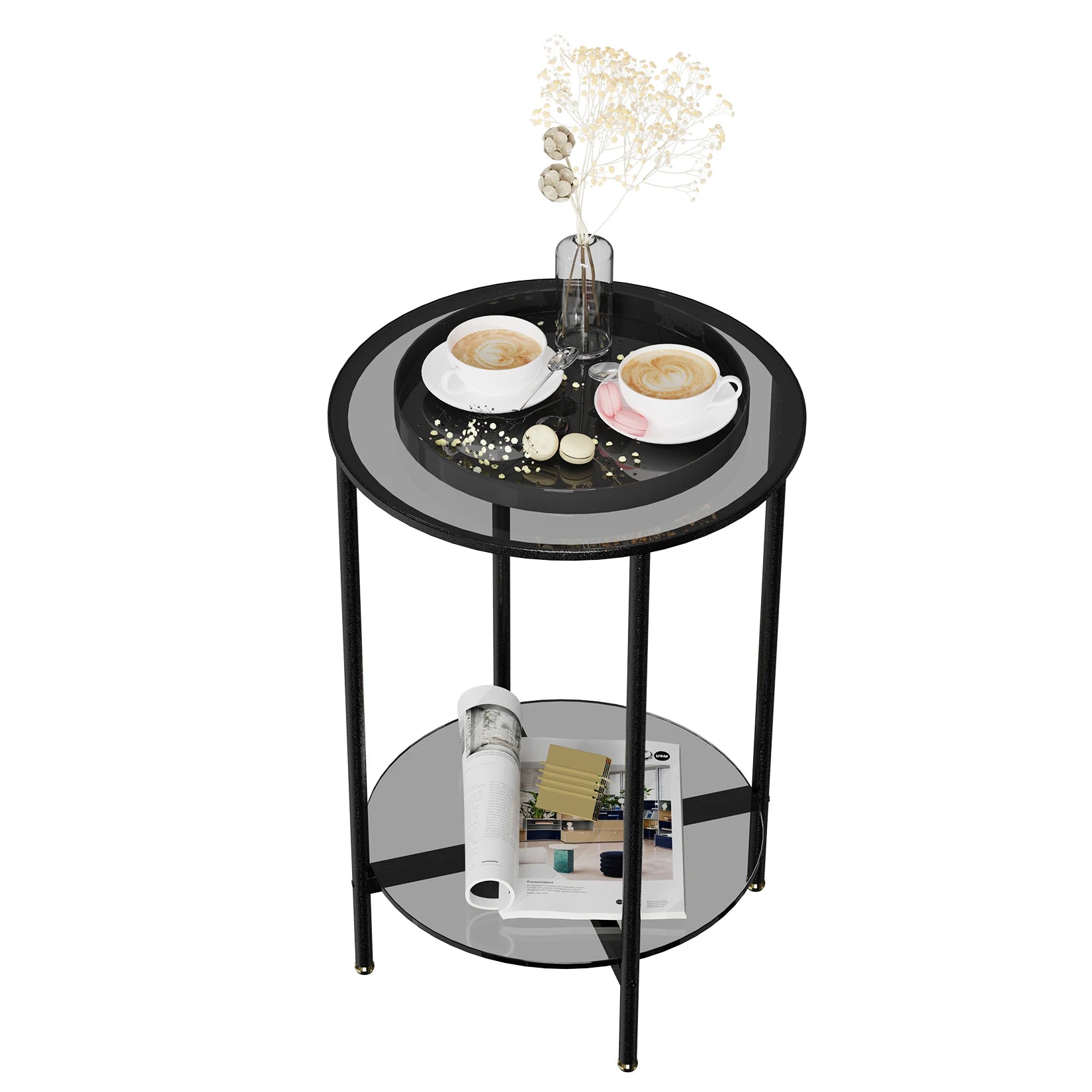2-Tier Round Glass Coffee Side Table with Metal Steel Frame - Homevalley.co.uk