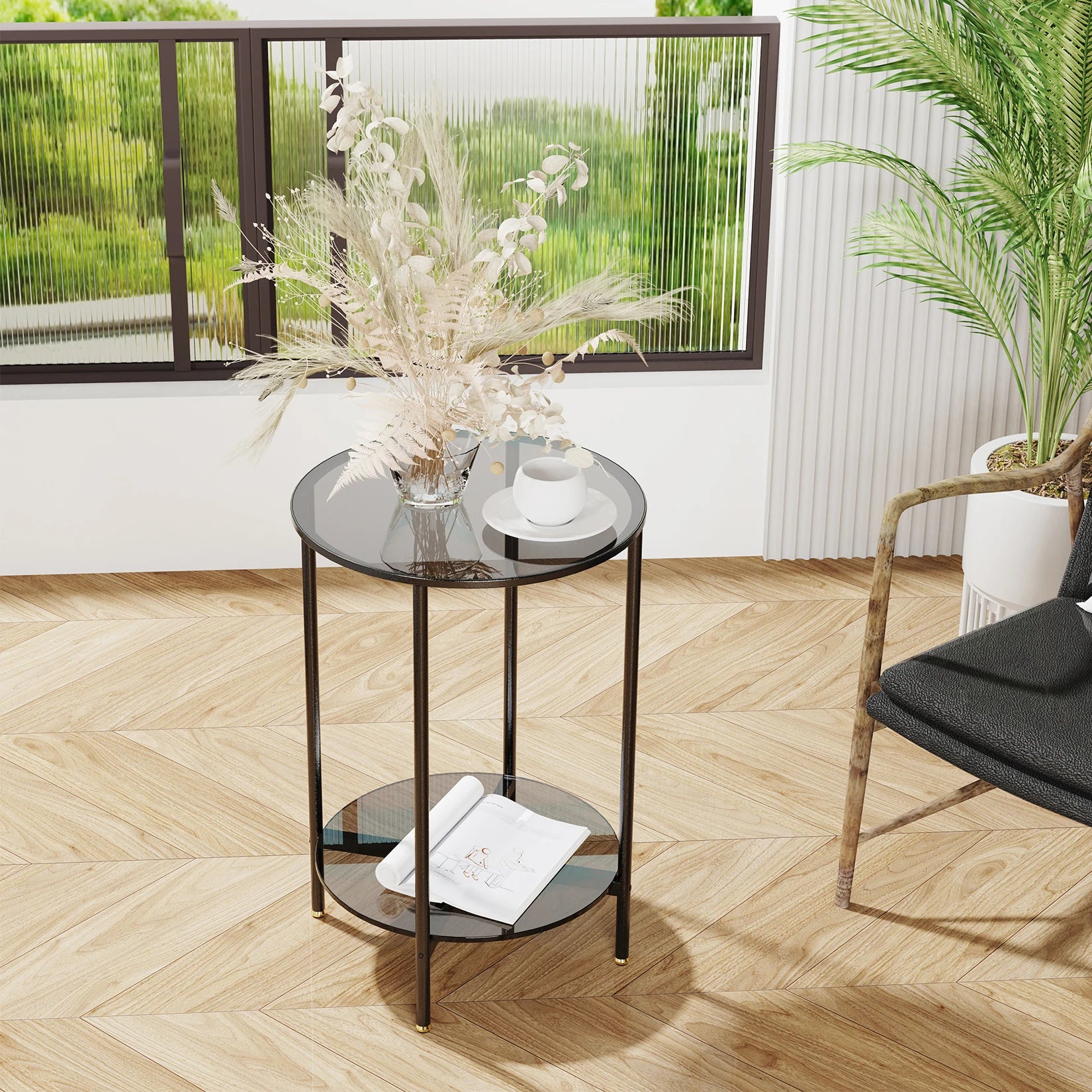 2-Tier Round Glass Coffee Side Table with Metal Steel Frame - Homevalley.co.uk