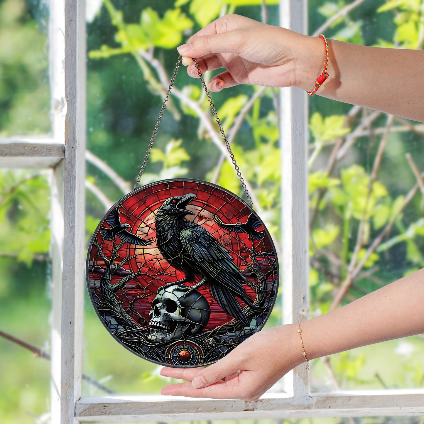 Gothic Raven Skull Stained Glass Suncatcher – Dark Crow Window Hanging, Witchy Halloween Home Decor Gift