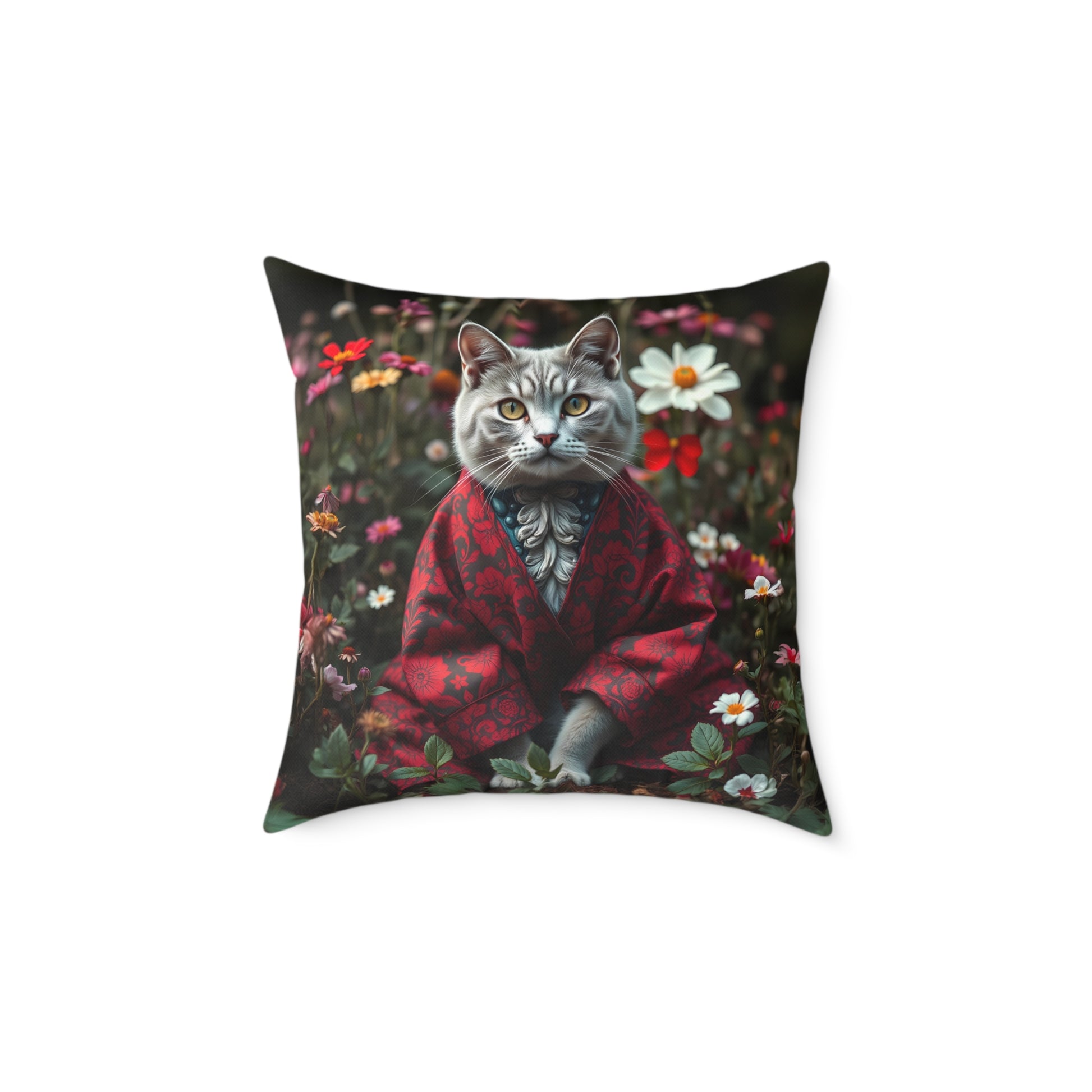 William Morris Style Cat in Kimono and Flowers Square Pillow, Botanicals and Flowers, insert included - Homevalley.co.uk