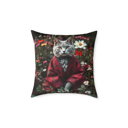 William Morris Style Cat in Kimono and Flowers Square Pillow, Botanicals and Flowers, insert included - Homevalley.co.uk