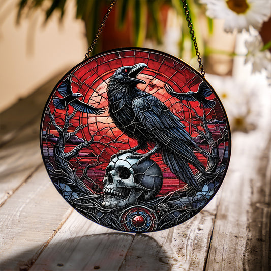 Gothic Raven Skull Stained Glass Suncatcher – Dark Crow Window Hanging, Witchy Halloween Home Decor Gift
