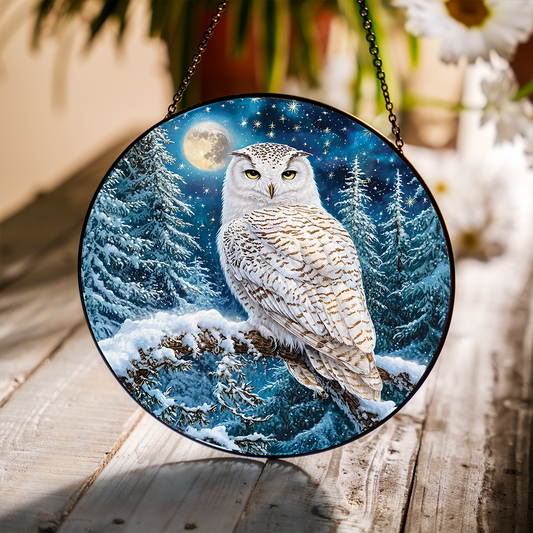 White Owl Stained Glass Effect Suncatcher for Window Hanging